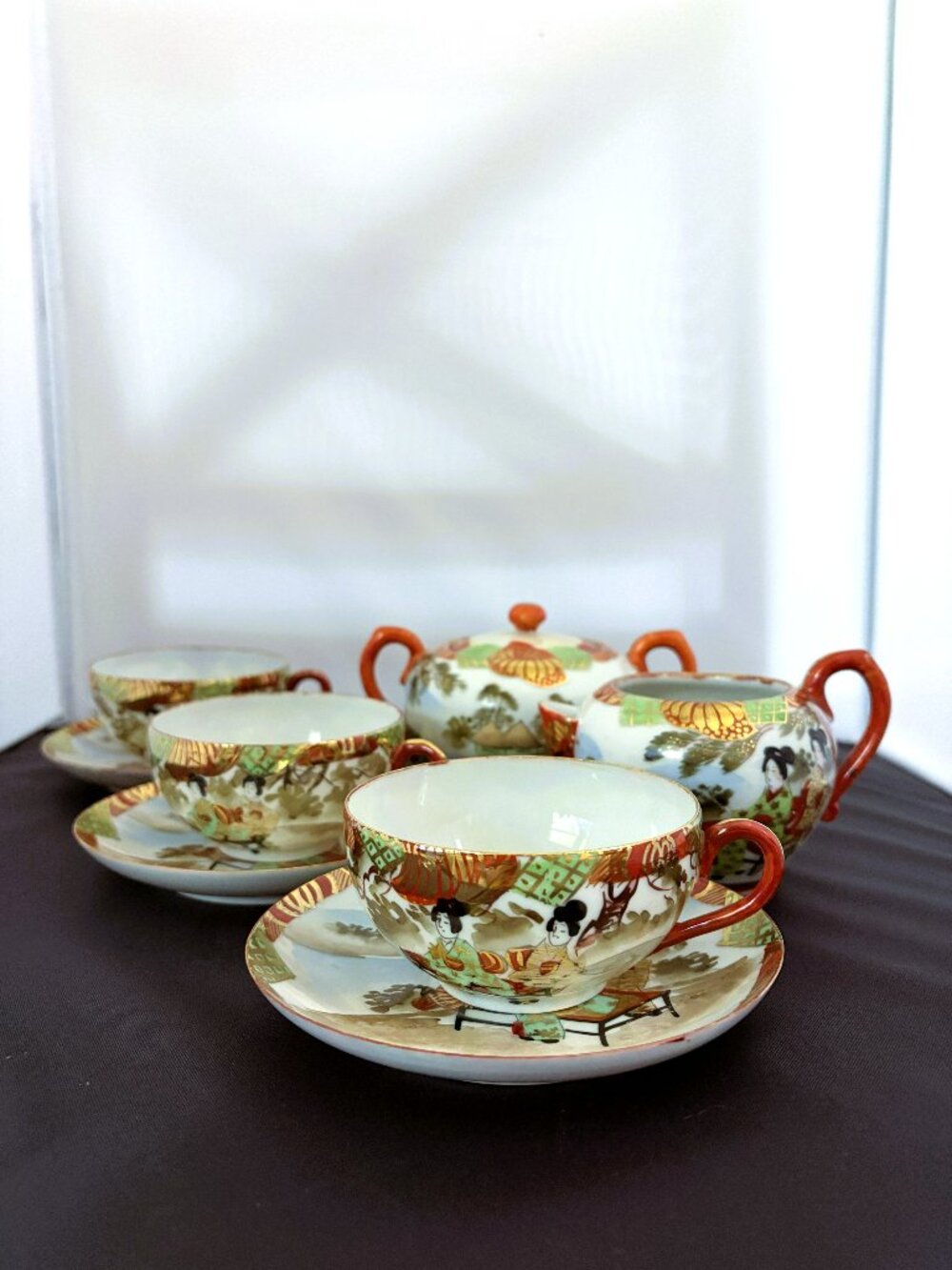 Vintage Kutani Japan Creamer, Sugar Teacups/Saucers Eggshell Porcelain Geisha